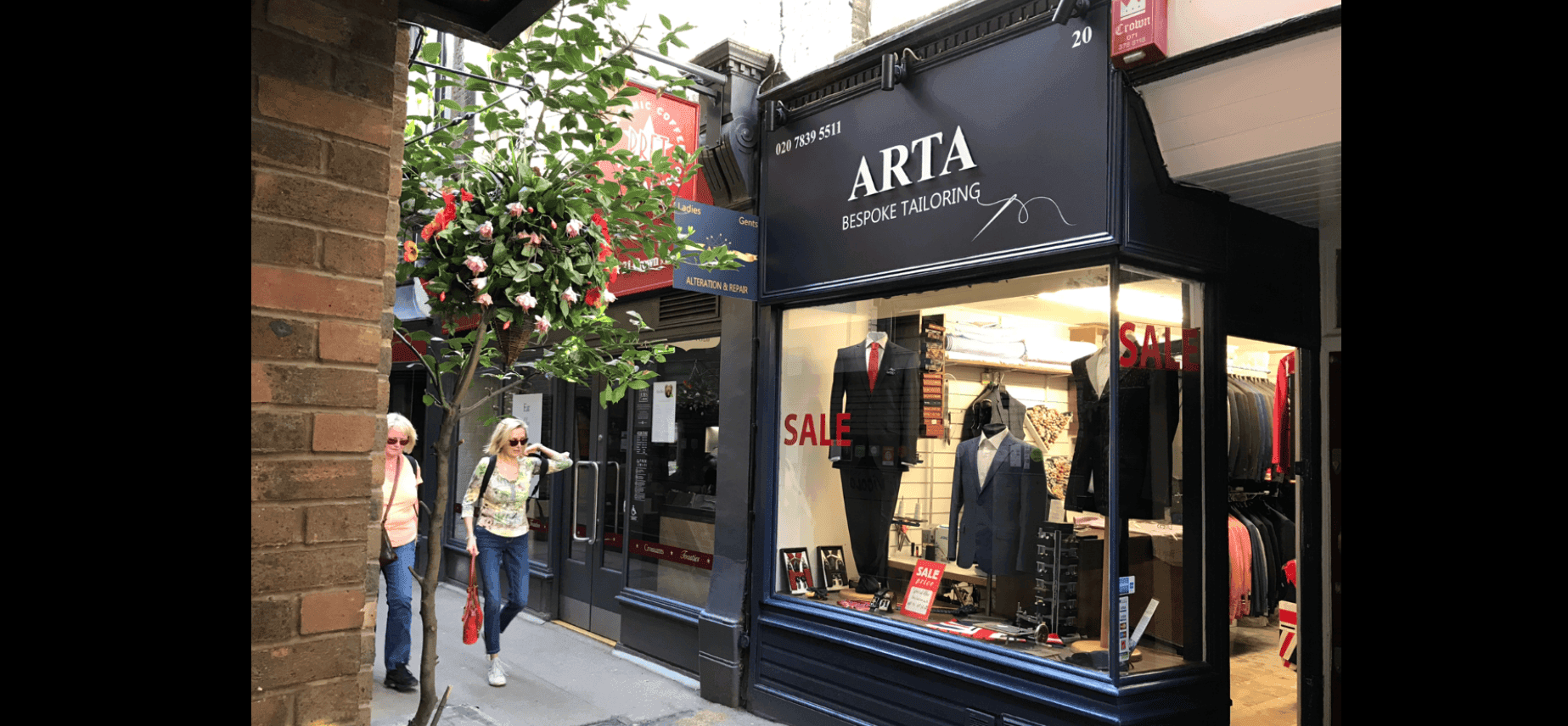 The Arta Bespoke Tailoring shopfront on Crown Passage, St James's